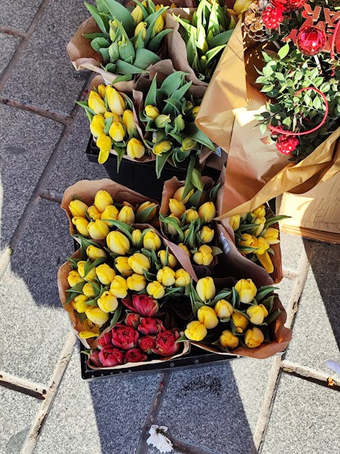 An overhead view of three bouquets of fresh flowers arranged on a tiled outdoor surface, with one bouquet containing vibrant red tulips and two bouquets featuring bright yellow tulips with green stems