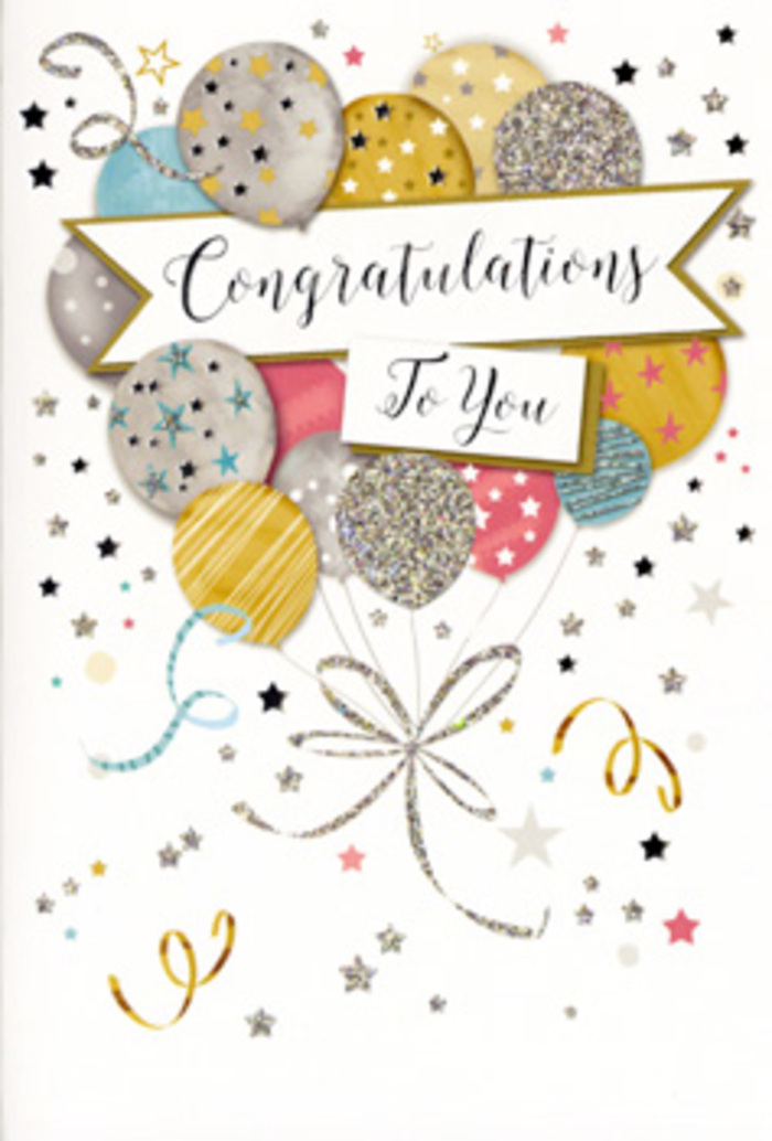 This congratulations card artwork offers a gentle yet unmistakable sense of festivity, as if it were designed for those everyday triumphs and big milestones celebrated quietly around Cowley. The focal point is a lush bunch of illustrated balloons clustered at the centre of the composition. They puff out in overlapping shapes, some tucked slightly behind others to suggest depth, like a real bundle of helium balloons bobbing lightly above a dining table set for a family celebration. The colours are soft but radiant: brushed gold and silver, subtle champagne, sky blue, blush pink, and dove grey, all finished with a suggestion of sheen that mimics metallic foil. Each balloon is marked with delicate decorative details-fine stripes, tiny glittering specks, and clusters of little stars that sparkle visually without needing loud hues. Their ribbons fall in graceful spirals of gold and silver ink, intertwining near the bottom of the image like the curling ribbons used to finish a bouquet or gift prepared locally. The backdrop is a light, creamy tone, sprinkled with miniature stars, confetti pieces, and looping ribbon shapes, evoking the joyful scatter of decorations after a successful surprise party. Cutting through the arrangement is a soft, banner-like scroll, gently curved and highlighted, carrying the word Congratulations in confident yet friendly script, much like a neat hand-written message you might add to a card before arranging flower delivery across Cowley. The overall atmosphere is bright and uplifting yet calm, perfectly suited for sending congratulations on promotions, exam results, new homes, or personal achievements, conveying not just celebration but also respect, admiration, and a thoughtful touch.