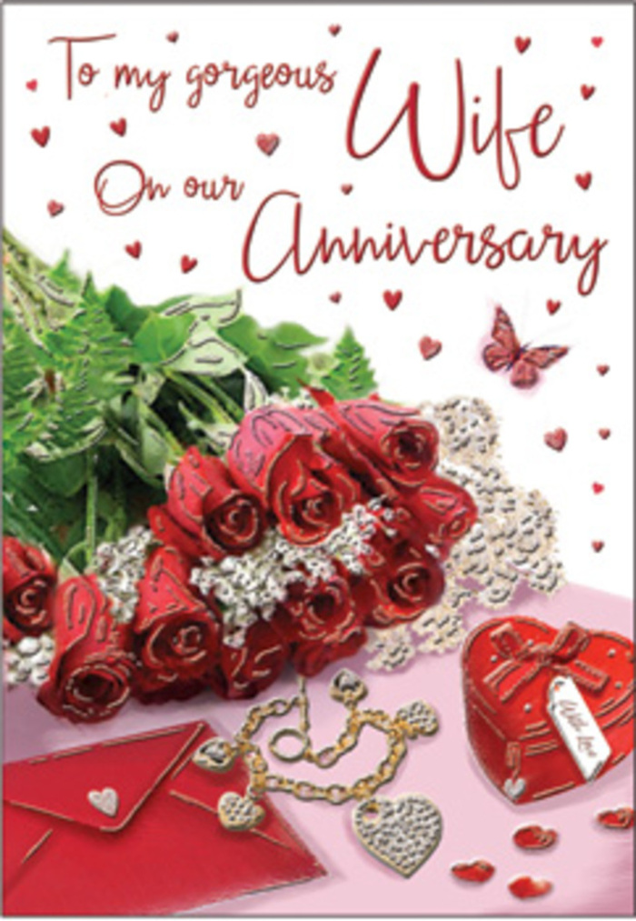 The anniversary card is presented as a beautifully balanced composition, reminiscent of a thoughtfully arranged gift set down in a peaceful Cowley sitting room. At its heart, a dense cluster of classic red roses takes centre stage, their petals richly layered in deep crimson tones that suggest both passion and reassurance. Each blossom appears full and perfectly timed at its peak, with hints of light glancing off the curved edges of the petals, capturing a velvety, almost satin texture. Around the roses, slender stems of greenery emerge, injecting fresh, lively greens that soften the intensity of the red and give the design a natural, hand-tied feel. Resting alongside the floral focal point is a pristine envelope, its surface smooth and inviting, poised to hold words of affection or an anniversary message. Nearby, a heart-shaped trinket box and an elegant piece of jewellery are placed with quiet care, their polished reflections catching the same soft light that falls across the flowers. Scattered across the background are tiny hearts and a single butterfly motif, light as air, inviting a sense of gentle movement as though love itself were drifting across the card. The illumination is calm and even, much like the soft daylight that filters through a Cowley kitchen window on a slow morning, enhancing details without harsh shadows. Flowing script text meanders through the design, echoing the idea of a love note penned over years of companionship. The scene feels crafted with the sensitivity of a florist attuned to Cowley couples' stories-perfect for honouring an anniversary that celebrates shared history, quiet rituals, and the enduring comfort of being together.