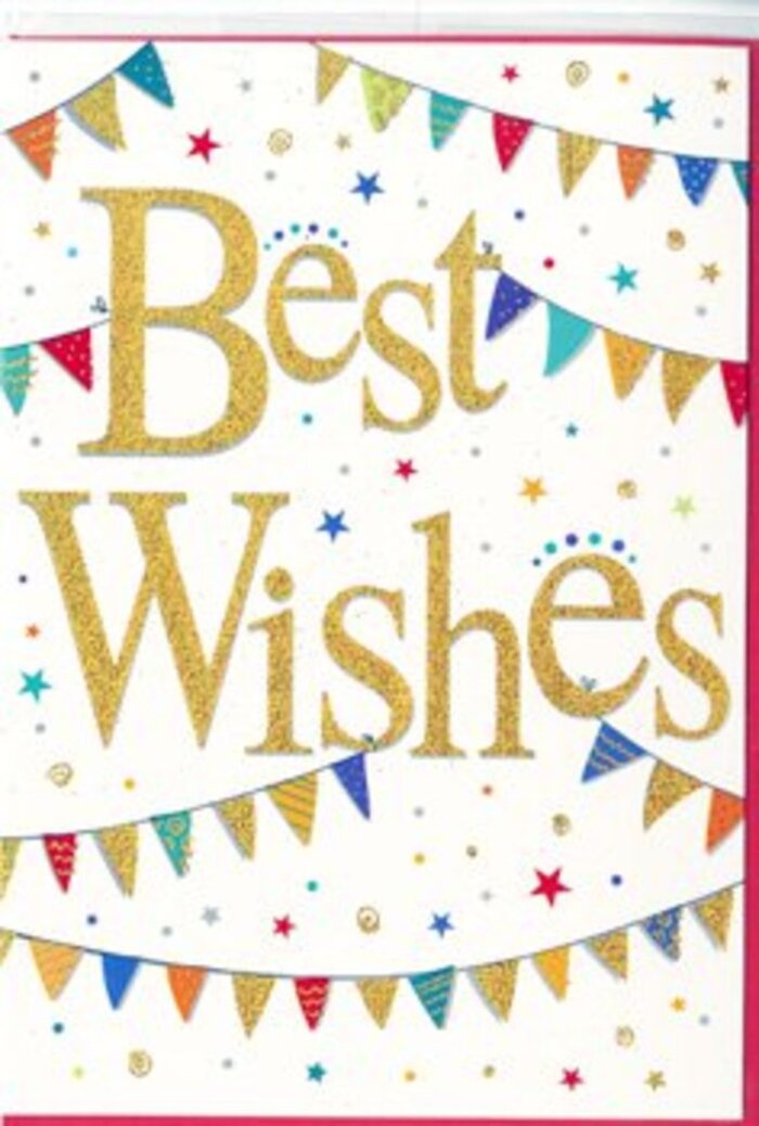 This congratulations card presents a vibrant yet refined scene, much like the mix of calm streets and lively moments that characterise Cowley. In the middle of a pristine white background, the words Best Wishes are written in flowing gold script, the kind of lettering that appears carefully crafted rather than printed in haste. The gold has a slightly textured, glittering effect, catching tiny points of light that make the words seem almost three-dimensional. Every curve and loop in the script conveys warmth and positivity, as if someone has poured their genuine good thoughts straight onto the card. Surrounding this central message, strands of bunting sweep across the top and bottom in loose arcs, creating a playful frame. Each bunting flag is a small triangle of bold colour-vivid blues, reds, greens, yellows and purples-some solid, others adorned with subtle patterns like stripes, polka dots or geometric motifs. The flags look as though they might flutter gently in a light breeze over a Cowley garden, bringing to mind relaxed summer celebrations and shared laughter. Scattered between and around the bunting are tiny stars and dots that mirror the same happy palette, adding a sense of movement and festivity, like confetti suspended just before it falls. Despite the energy in all these details, the generous white space ensures the design remains uncluttered, keeping the focus firmly on the gleaming Best Wishes at its heart. The card feels appropriate for so many of life's positive turning points-new jobs, graduations, engagements or even a brave fresh start. It would sit beautifully beside a vase of fresh flowers on a kitchen table in Cowley, carrying encouragement and hope along with it.