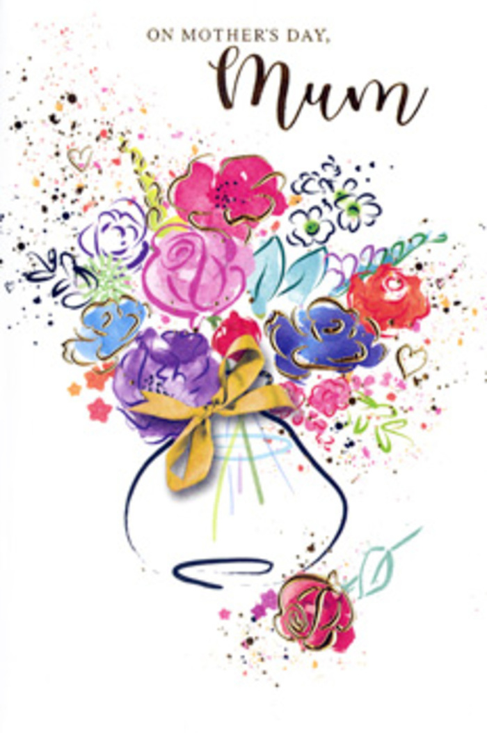 In this expressive Mother's Day card, an artistic bouquet unfolds in watercolour and gold, evoking the relaxed charm of Cowley's residential streets in springtime. At the centre, richly saturated blooms in hot pink, deep cerise, and soft rose appear in loose, rounded shapes, created with broad, fluid strokes that bleed slightly into the paper. These warmer tones are gently anchored by accents of indigo, which sweep around the petals and foliage, hinting at shadows and depth without ever becoming rigid. Between them, you can sense cooler notes of lavender, soft blue, and a touch of apricot, blending at the edges to create a dreamy, slightly hazy effect, much like looking through a light veil of mist at a garden waking up to the day. Fine lines and tiny patches of metallic gold trace the contours of some petals and leaf tips, catching the imaginary light and adding a touch of luxury reminiscent of special-occasion ribbons on fresh bouquets. The stems gather into a simple vase painted in pale, translucent washes, its base adorned with a slim golden bow that suggests both care and tradition. Around the bouquet, playful splashes of colour and scattered hearts float against a bright white background, making the whole composition feel light, airy, and full of movement, as if the flowers were vibrating with affection. The card seems to hold a quiet, heartfelt message - a visual promise of gratitude and enduring love, ideal for sending alongside a hand-delivered arrangement to mums across Cowley, Iffley, and nearby Oxford neighbourhoods.