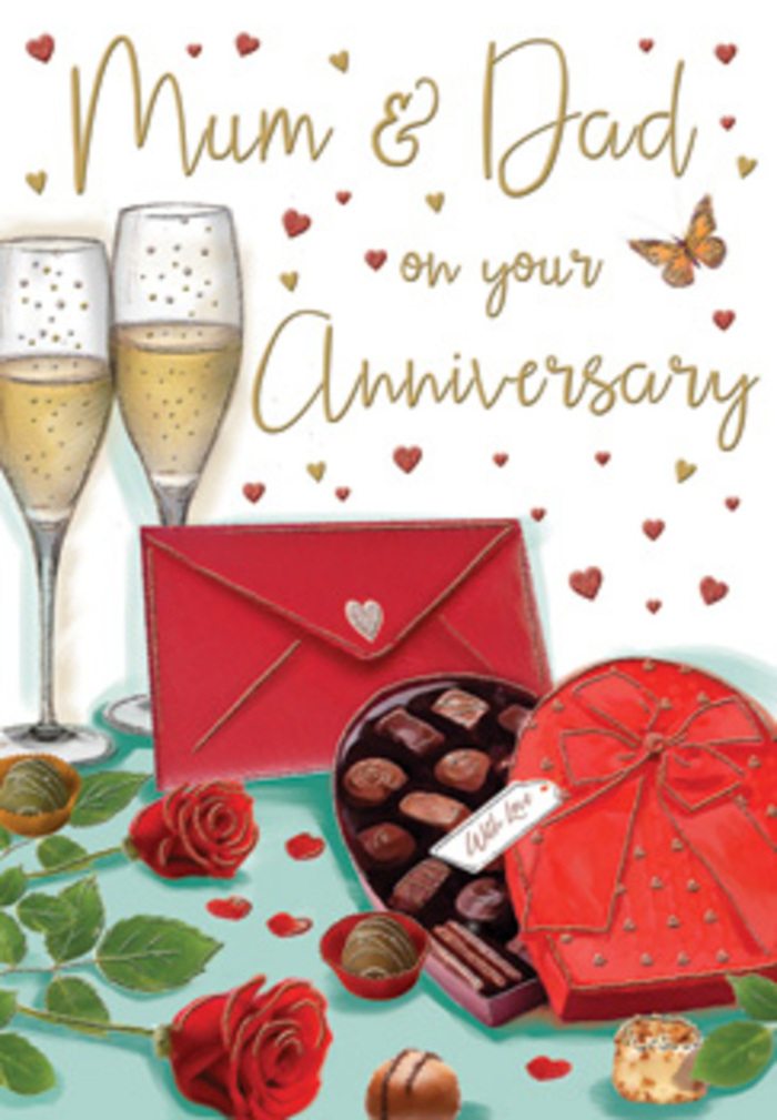 Atmospheric anniversary card artwork that feels like a quiet celebration unfolding in a Cowley living room as evening falls. The central focus is on two beautifully illustrated red roses, rich in tone and detail, their petals curling outward in lush, velvety layers that suggest the care of a skilled florist. These blooms are nestled among fresh green leaves, their surfaces smooth and slightly reflective, adding a sense of life and movement to the arrangement. Close by sits a heart-shaped box of chocolates, invitingly open to reveal an assortment of indulgent treats, each one tucked neatly into its own little space. A generous red satin bow, placed prominently on the lid, catches the light along its folds, giving the impression of softness and luxury. Just behind, two slim champagne flutes stand together, filled with sparkling golden liquid, tiny bubbles rising in luminous threads that evoke the soundless promise of an anniversary toast. Scattered gold and crimson hearts float across the softly tinted background, drawing the gaze toward a sincere Mum & Dad greeting that anchors the emotional core of the card. A bright scarlet envelope lies in the foreground, its simple, classic shape hinting at a heartfelt, handwritten message perhaps prepared by family members from around Cowley, Iver, or West Drayton. The gentle, warm lighting adds subtle reflections to the glass and a delicate sheen to the chocolates, wrapping the whole scene in a sense of comfort, appreciation, and enduring affection that suits a milestone anniversary perfectly.