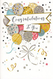 The scene on this congratulations card feels like a joyful moment frozen in time, similar to that first shared smile when good news spreads through family and friends in Cowley. At the centre of the image is a generous cluster of balloons illustrated with a soft, almost luminous touch. They swell and overlap in a way that gives the arrangement fullness and life, as though the balloons might gently sway if you brushed past them. The colours are carefully chosen: warm metallic gold, bright but refined silver, champagne cream, powder blue, pale rose pink, and subtle grey, all with a polished sheen that recalls foil balloons seen at celebrations. Each balloon carries its own design-some with neat vertical stripes, others with starry patterns or delicate, glitter-like flecks-offering visual variety while keeping the overall look harmonious. Narrow ribbons trail down from the balloons in loops of gold and silver, their soft curves similar to the flowing tails of ribbon that finish a bouquet from a trusted Cowley florist. The background remains light and airy, a neutral wash dotted with twinkling stars, scattered confetti, and flowing ribbon motifs that suggest motion and the lingering energy of a party. Across the middle of the balloons, a simple but elegant banner stretches out, bearing the phrase Congratulations To You in smooth, cursive lettering that feels warm and sincere, like a note written with real care. Together, these details create an impression of affectionate celebration, ideal for honouring milestones such as graduations, promotions, new ventures, or any occasion where you want your congratulations to feel uplifting, stylish, and deeply heartfelt.