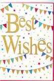 In this image, a Best Wishes card takes centre stage, its design glowing with the kind of gentle enthusiasm you might sense at a small celebration in Cowley. Against a spotless white background, the words Best Wishes are written in generous, looping gold script, each stroke smooth and assured. The gold surface appears slightly raised and lightly textured, catching and reflecting light so that the message shimmers, evoking the sparkle of confetti or the glint of fairy lights at a cosy evening gathering. Encircling the central phrase, delicate strings of bunting sweep across the upper and lower parts of the card in soft, playful curves. Each pennant is a tiny triangle of bright colour-bold cobalt blue, rich crimson, leaf green, sunshine yellow and other cheerful tones. Some flags are plain, while others are decorated with stripes, dots or tiny patterns, adding character and a sense of handcrafted charm, as if someone had carefully chosen each colour and detail. Between these bunting strands and around the lettering, little shapes resembling stars and confetti dots are scattered, echoing the same bright palette. They give the impression of joyful motion, as if someone has just announced good news and the celebration has been captured mid-sparkle. The open areas of white space keep the overall look calm, clean and modern, ensuring that the eye naturally returns to the golden words at the centre. It is a versatile, uplifting card that would fit a host of happy moments in Cowley, from exam success to a new job or welcoming a new home, ready to accompany a fresh bouquet and carry heartfelt, optimistic wishes.