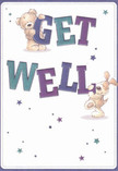 An illustrated get well card shows a gentle, light-hearted scene designed to comfort someone feeling under the weather, the way a thoughtful bouquet might brighten a hospital room on Oxford Road in Cowley. At the centre, chunky, hand-drawn letters spell out Get Well in bold indigo and teal, the colours carefully shaded to give a soft, three-dimensional look. A cuddly teddy bear with warm brown fur leans over the top of the word GET, its rounded paws gripping the letters as if peeking playfully over a windowsill. Below, a floppy-eared puppy balances against the word WELL, its velvety-looking ears and wagging tail suggesting loyal companionship and gentle cheer. The characters' faces are open and expressive, with wide, friendly eyes and small, reassuring smiles that radiate kindness rather than noisy excitement. Scattered around them, a flurry of stylised starbursts in purples, blues, and aqua tones sparkle against a clean cream background, like tiny wishes floating through the air. The overall design feels airy and uncluttered, with plenty of breathing space around the figures and text, echoing the calm, restorative feeling of fresh flowers delivered to a bedside from a local Cowley florist. While there are no blooms pictured, the careful balance of colour, texture, and white space mirrors the way a florist would place each stem in a get well arrangement: considered, hopeful, and never overwhelming. It's the sort of card you might tuck alongside a soft, pastel-toned bouquet headed to a home near Cowley Centre, sending not just words but a cosy, visual hug of reassurance and recovery.