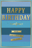A beautifully composed birthday card stands upright, its combination of soft blue stripes and reflective gold lettering creating a gentle yet unmistakable sense of celebration, reminiscent of a peaceful walk through Cowley on a bright day. The background is arranged in broad, horizontal bands of blue that move gradually from deep navy and dense ocean tones near the bottom to lighter denim, teal, and finally pale sky blue at the top. This layered ombre effect lends the card depth and a calm, expansive feeling, like looking out across a wide, open sky. Prominently centred, the phrase HAPPY BIRTHDAY is embossed in large, capital letters of gold foil. The metallic finish glows subtly when it catches the light, adding a touch of glamour and drawing the eye immediately to the heartfelt greeting. Just beneath this main text, a graceful golden flourish curves across the card, a decorative accent that echoes classic scroll motifs and softens the strong horizontal lines. Below the flourish, three slim gold banners sit in a tidy vertical stack, each shaped like a ribbon and bearing part of a warm, reassuring message: Relax, have a great day and enjoy! Encasing the entire design is a fine gold border, which frames the artwork and makes the card feel considered and complete, much as a neat ribbon ties together an arrangement from Flowers Cowley. The card stock looks smooth and slightly velvety, with the gold elements raised just enough to give a sense of texture and craftsmanship. Imagined beside a vase of fresh birthday flowers delivered locally in Cowley, this card radiates quiet kindness and encourages the recipient to truly rest, smile, and enjoy their special day.