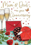 Illustrated anniversary card designed like a romantic tabletop arrangement, evoking the homely warmth of Cowley on a special evening. At the centre are two luxuriant red roses, carefully drawn with layered, velvety petals that transition from rich scarlet to deeper crimson shadows, giving a lifelike sense of depth and softness. They rest on a surface accompanied by fresh green leaves, the foliage adding structure and a touch of garden freshness. Nearby, an open heart-shaped box of chocolates displays a tempting array of sweets, each nestled in place, while an elegant red satin bow decorates the lid, its flowing curves and soft folds catching a warm highlight. Behind this indulgent duo rise two tall champagne flutes, their clear stems and bowls rendered with delicate reflections, filled with pale golden bubbly; fine bubbles climb in quiet streams, suggesting a moment suspended just before a celebratory clink. Around the image, tiny gold and crimson hearts drift gently, creating a romantic halo around the affectionate Mum & Dad wording, which feels personal and family-centred. In the foreground, a bold scarlet envelope lies invitingly, as though it contains a handwritten note of love from children or grandchildren arranged to accompany anniversary flowers delivered by Flowers Cowley. The overall lighting is soft and inviting, blending warm tones across the glass, chocolates, and roses, and evoking the comforting sense of a couple pausing to savour their years together with simple, heartfelt luxuries at home.